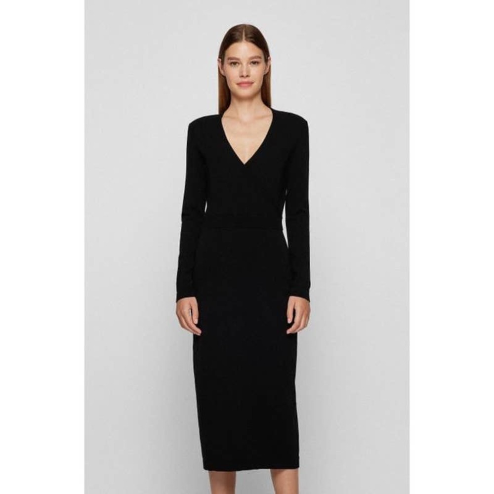 Boss Hugo Boss Sweater Dress XL Womens Black Long Sleeve Vneck Wrap Front